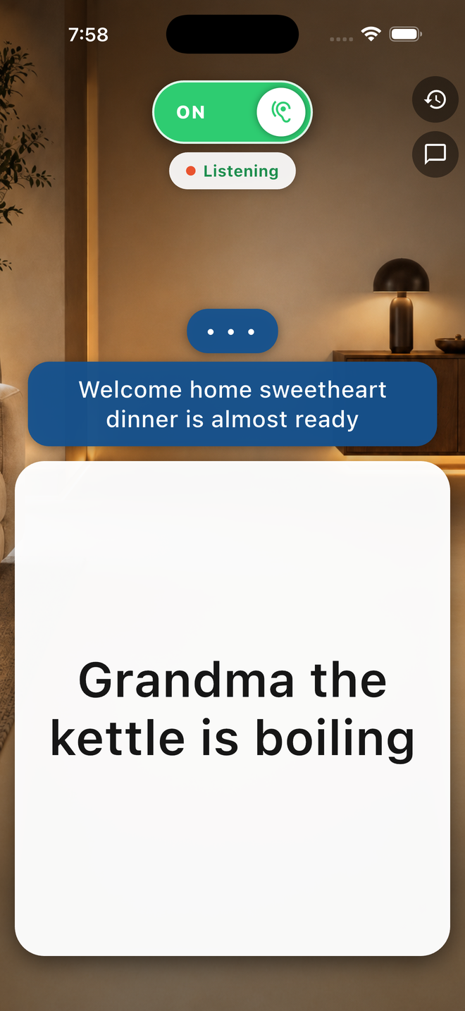 Real RoomTalk screenshot: the app listening while a large caption reads Grandma the kettle is boiling, with the previous line held in a bubble above.